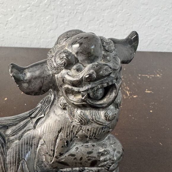 Feng Shui Foo Dog Statue Soft Stone Black Grey Guardian Symbol Of Strength - Picture 6 of 6